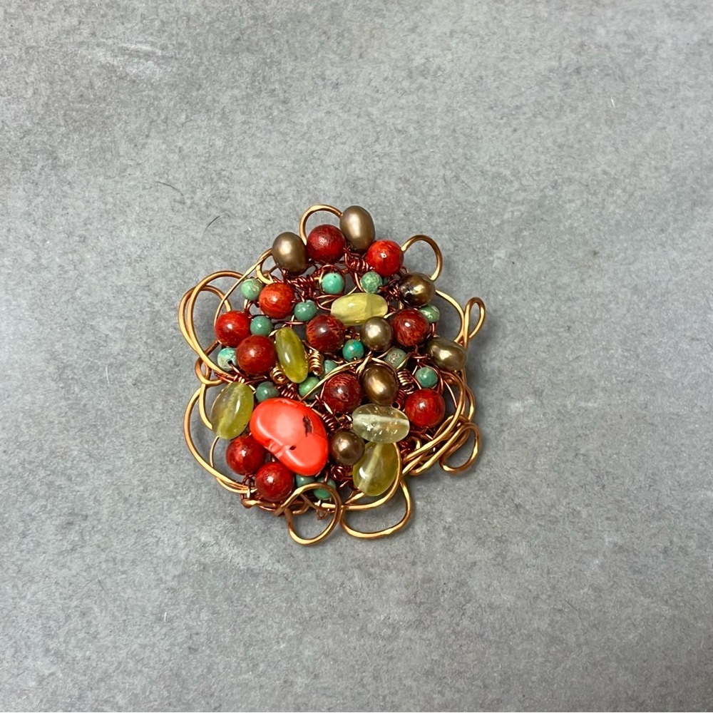Wire Wrap Multicolor Beaded Brooch Pin Jewelry Handmade Artisan Artsy Art Boho